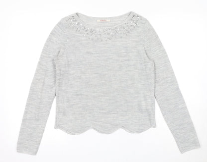 Additional front view of Camaieu women’s grey round neck acrylic jumper, size S