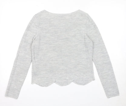 Back view of Camaieu women’s grey round neck acrylic jumper, size S