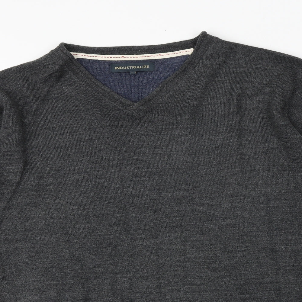 Industrialize Mens Grey V-Neck Acrylic Pullover Jumper Size L Long Sleeve