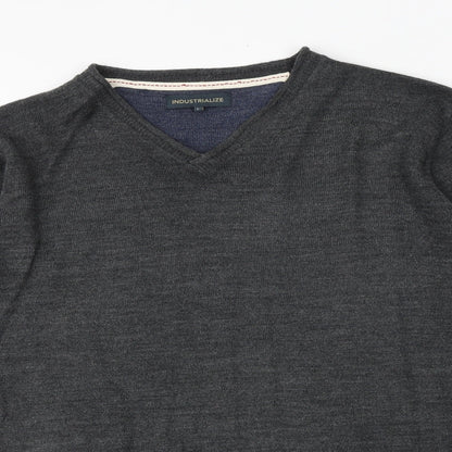 Industrialize Mens Grey V-Neck Acrylic Pullover Jumper Size L Long Sleeve
