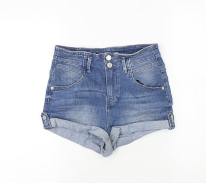 Topshop Womens Blue Cotton Hot Pants Shorts Size 28 Regular Zip