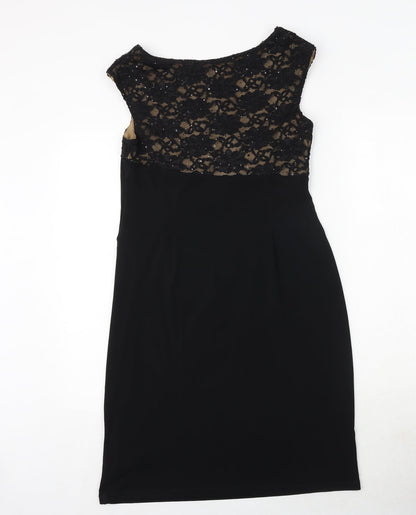 Connected Womens Black Nylon Pencil Dress Size 8 Boat Neck Pullover - Lace Detail