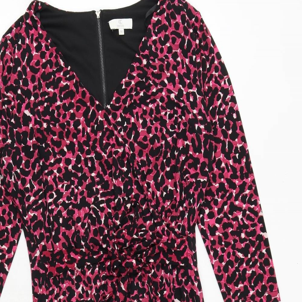 CC Womens Pink Animal Print Polyester Bodycon Size M V-Neck Zip