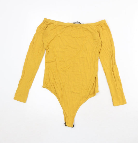 PRETTYLITTLETHING Womens Yellow Viscose Bodysuit One-Piece Size 10 Snap