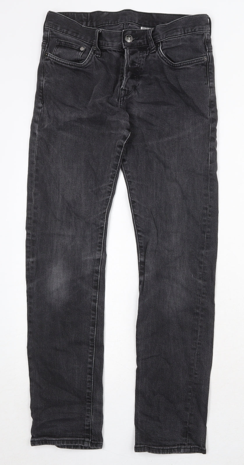 H&M Mens Black Cotton Straight Jeans Size 30 in Slim Button