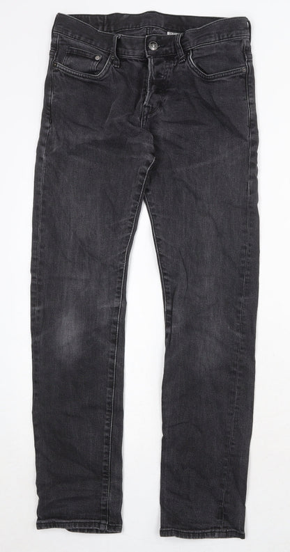 H&M Mens Black Cotton Straight Jeans Size 30 in Slim Button