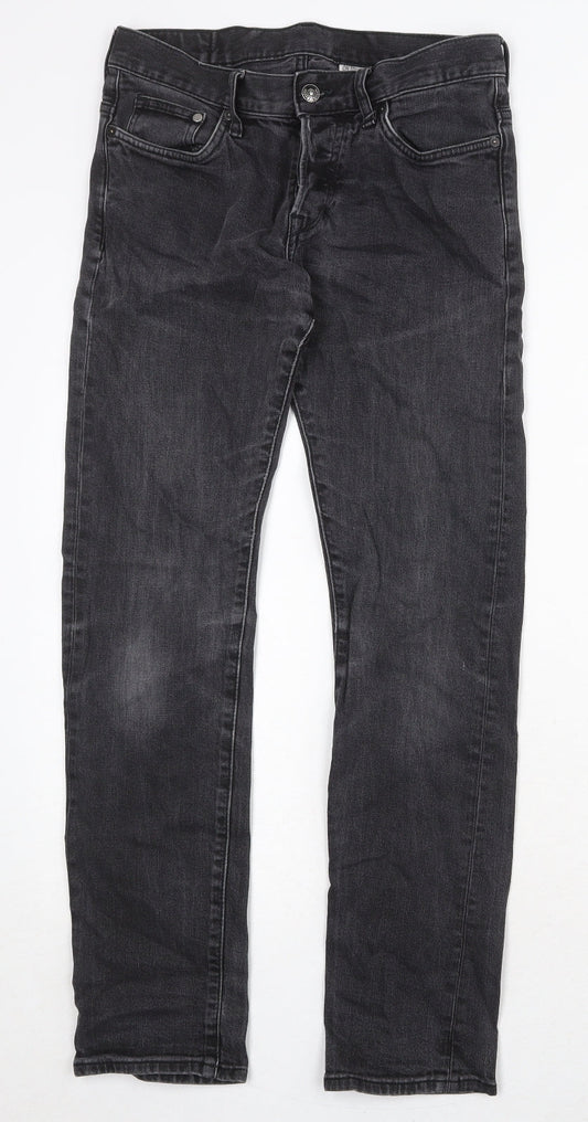 H&M Mens Black Cotton Straight Jeans Size 30 in Slim Button