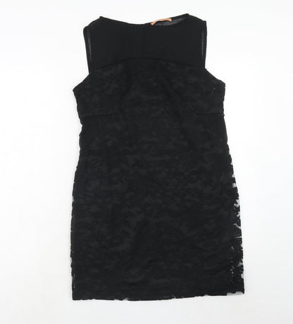 My Case Womens Black Geometric Polyester A-Line Size L Round Neck Button