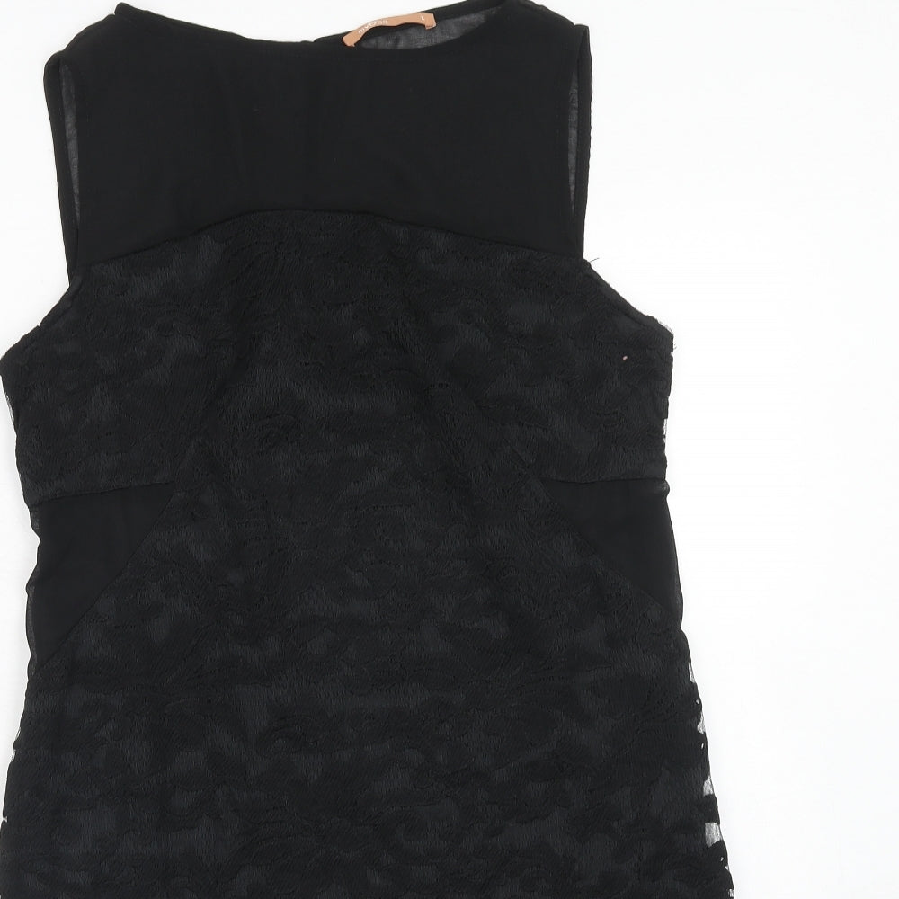 My Case Womens Black Geometric Polyester A-Line Size L Round Neck Button