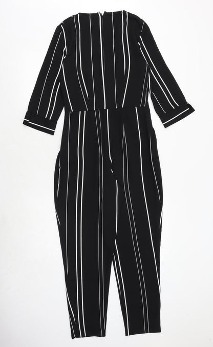 Miss Selfridge Womens Black Striped Polyester Jumpsuit One-Piece Size 6 Zip - Wrap Front Detail