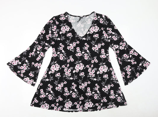 Capsule Womens Black Floral Viscose Trapeze & Swing Size 12 V-Neck Pullover