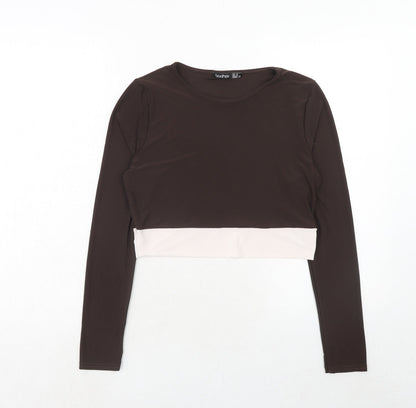 Boohoo Womens Brown Polyester Basic Blouse Size 14 Round Neck