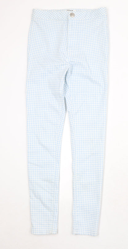 Miss Selfridge Womens Blue Check Cotton Skinny Jeans Size 10 Regular Zip