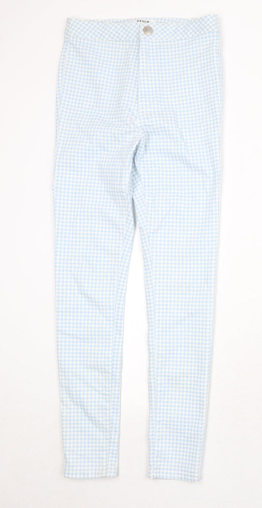 Miss Selfridge Womens Blue Check Cotton Skinny Jeans Size 10 Regular Zip
