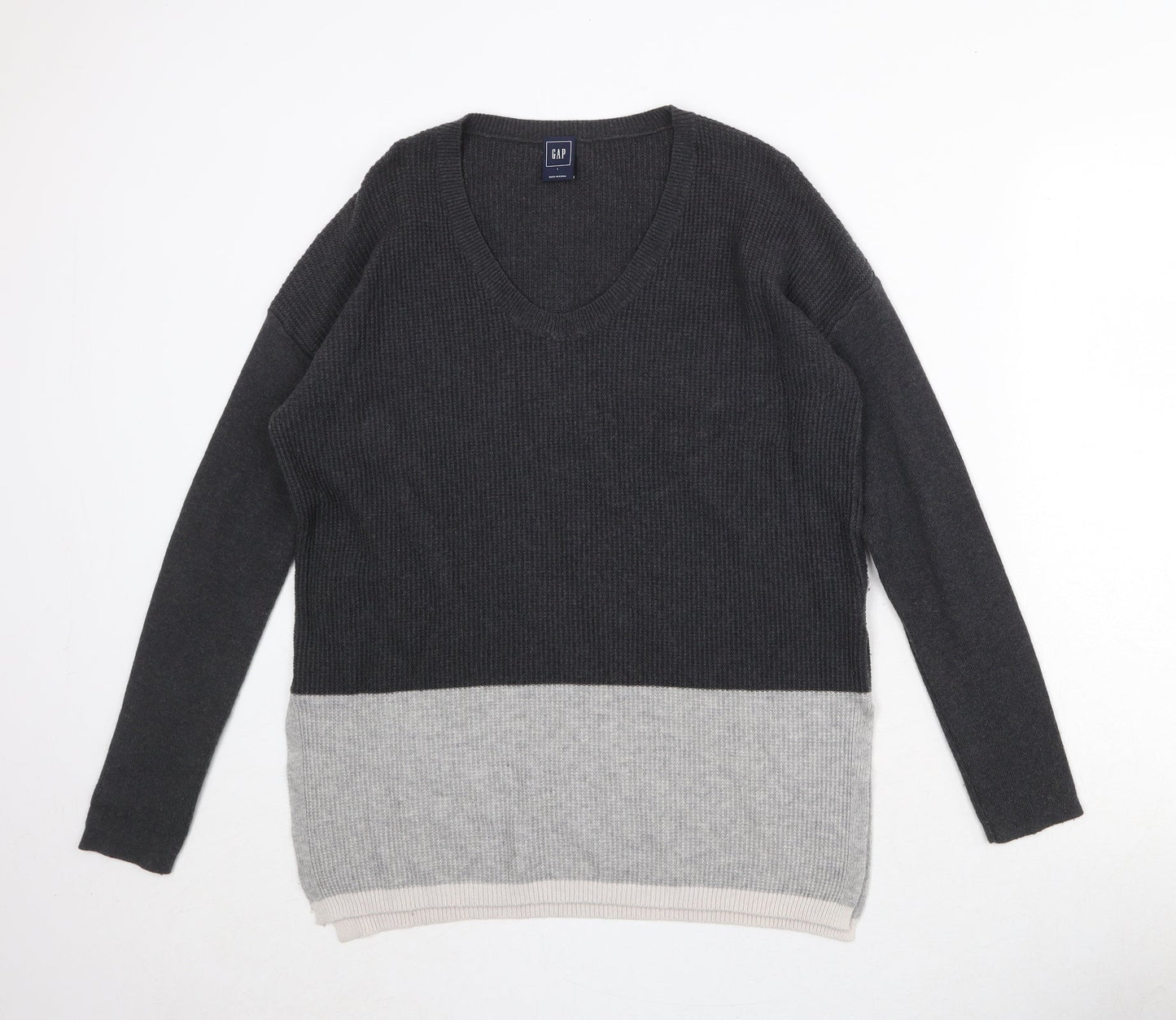 Gap Womens Grey V-Neck Striped Nylon Pullover Jumper Size L