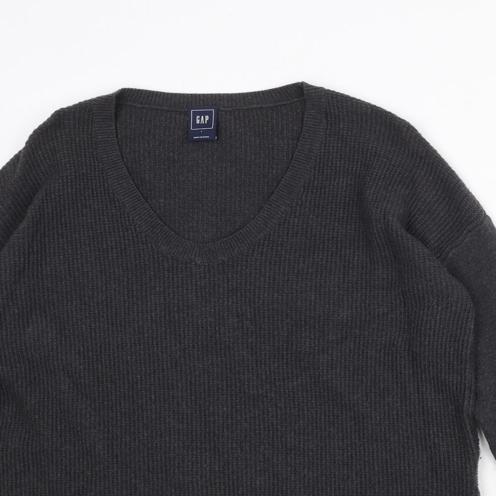 Gap Womens Grey V-Neck Striped Nylon Pullover Jumper Size L