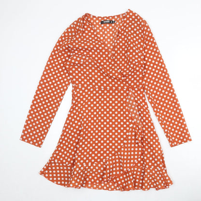 Missguided Womens Orange Polka Dot Polyester Trapeze & Swing Size 8 V-Neck Zip
