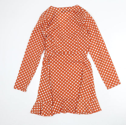 Missguided Womens Orange Polka Dot Polyester Trapeze & Swing Size 8 V-Neck Zip