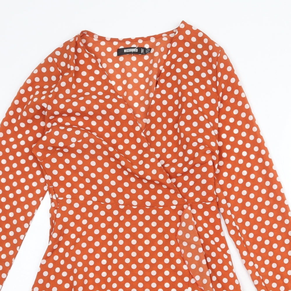 Missguided Womens Orange Polka Dot Polyester Trapeze & Swing Size 8 V-Neck Zip