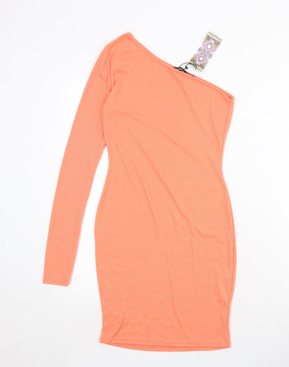 Boohoo Womens Orange Polyester Bodycon Size 8 One Shoulder Pullover