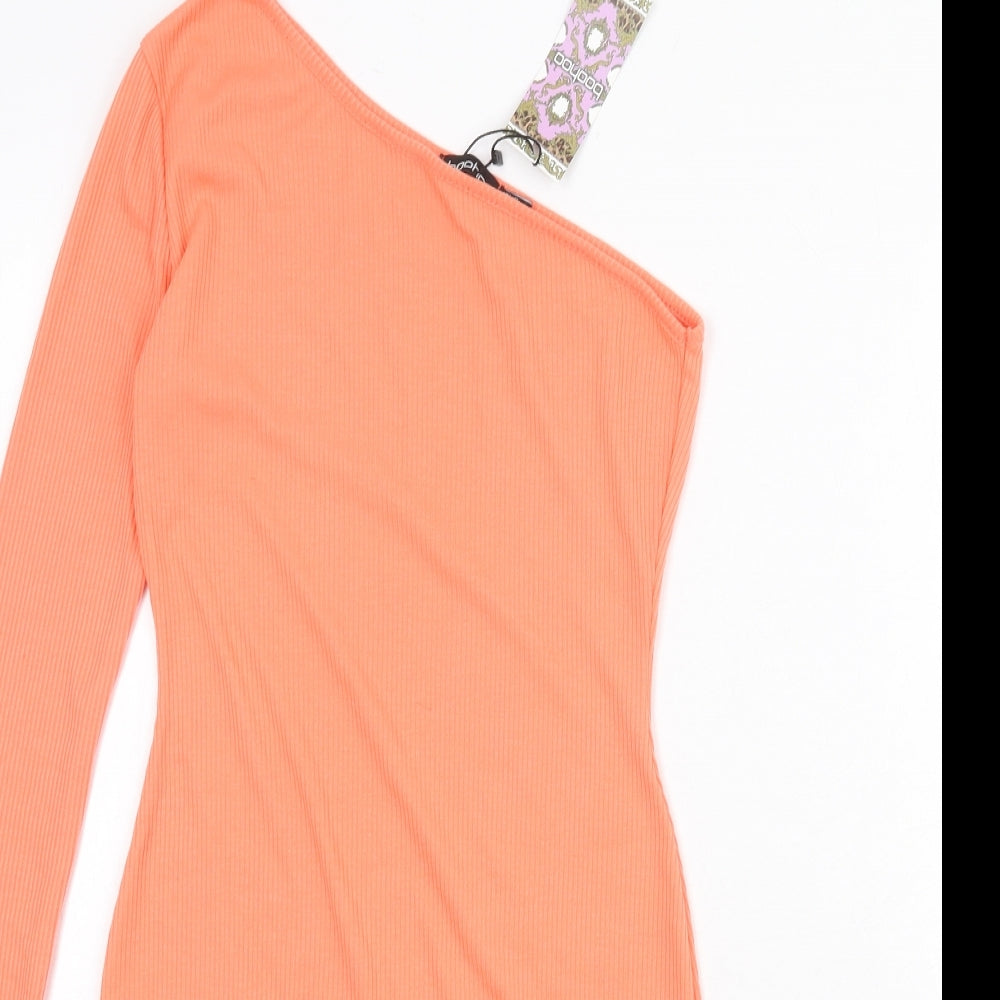 Boohoo Womens Orange Polyester Bodycon Size 8 One Shoulder Pullover