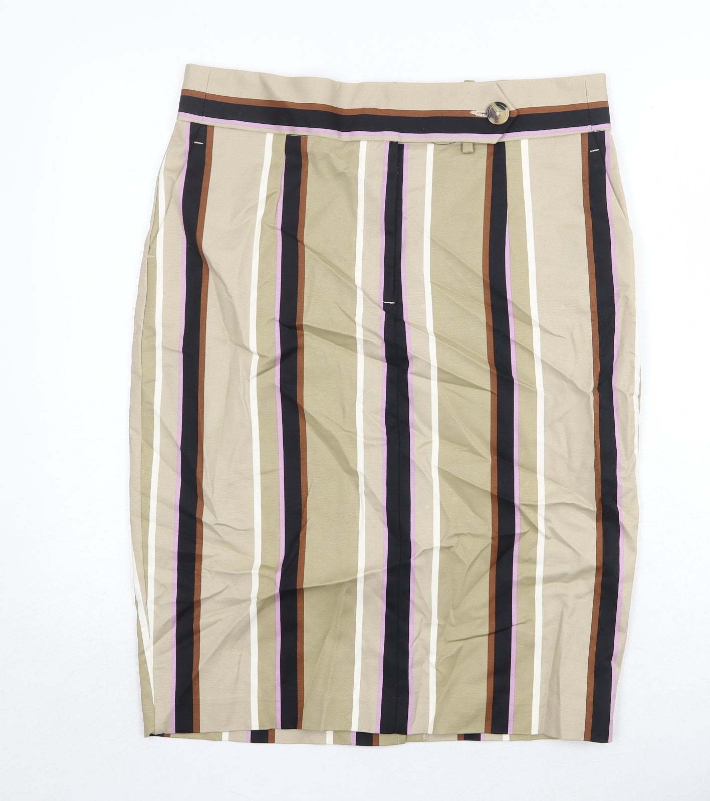 Marks and Spencer Womens Beige Striped Cotton A-Line Skirt Size 14 Button
