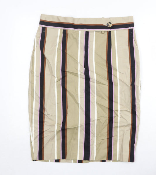 Marks and Spencer Womens Beige Striped Cotton A-Line Skirt Size 14 Button