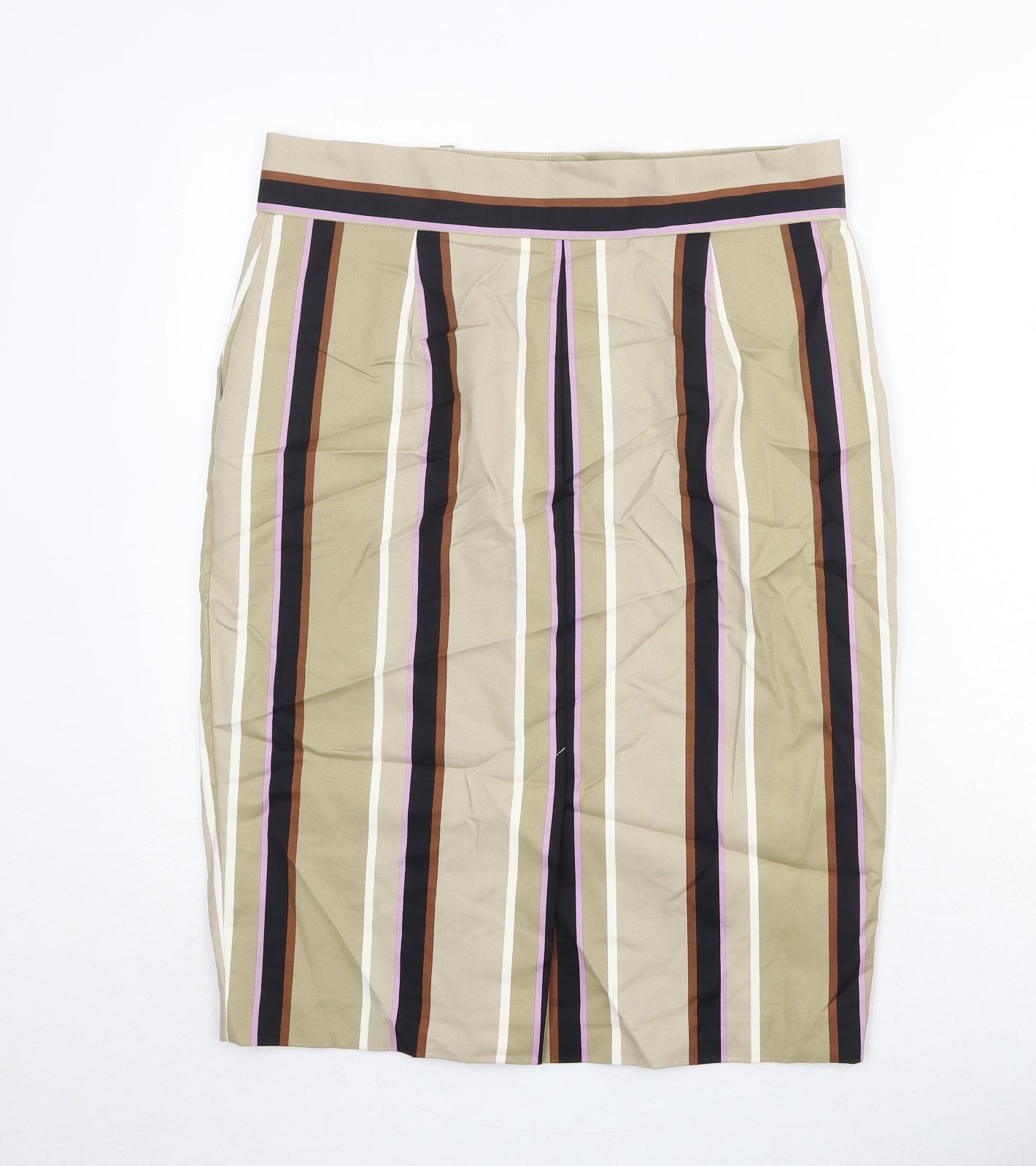 Marks and Spencer Womens Beige Striped Cotton A-Line Skirt Size 14 Button