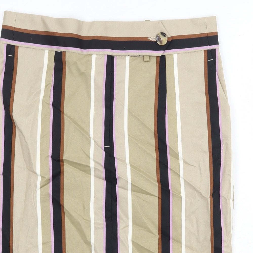Marks and Spencer Womens Beige Striped Cotton A-Line Skirt Size 14 Button