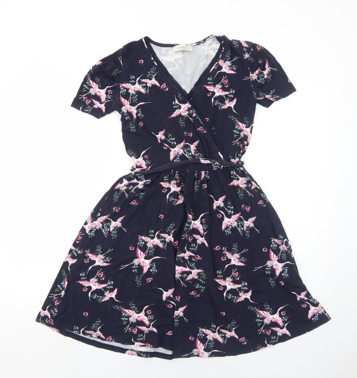 Oasis Womens Blue Floral Viscose Fit & Flare Size XS V-Neck Pullover - Bird Pattern