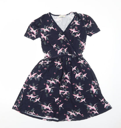 Oasis Womens Blue Floral Viscose Fit & Flare Size XS V-Neck Pullover - Bird Pattern