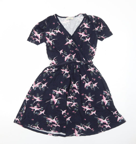 Oasis Womens Blue Floral Viscose Fit & Flare Size XS V-Neck Pullover - Bird Pattern