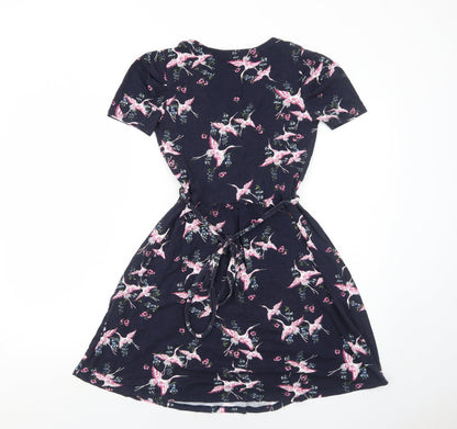 Oasis Womens Blue Floral Viscose Fit & Flare Size XS V-Neck Pullover - Bird Pattern