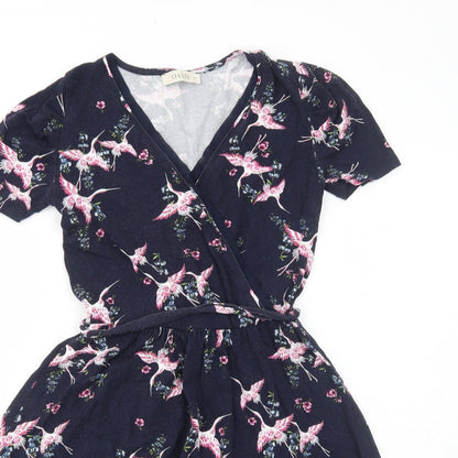 Oasis Womens Blue Floral Viscose Fit & Flare Size XS V-Neck Pullover - Bird Pattern