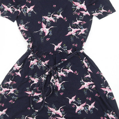 Oasis Womens Blue Floral Viscose Fit & Flare Size XS V-Neck Pullover - Bird Pattern