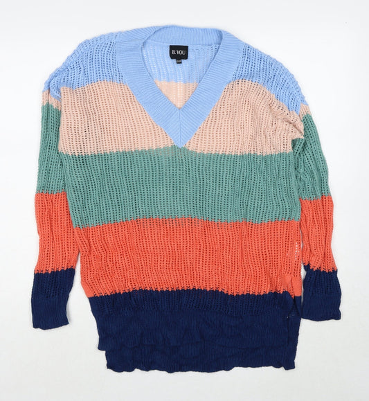 B.YOU Womens Multicoloured V-Neck Striped Acrylic Pullover Jumper Size 12 - Size 12-14