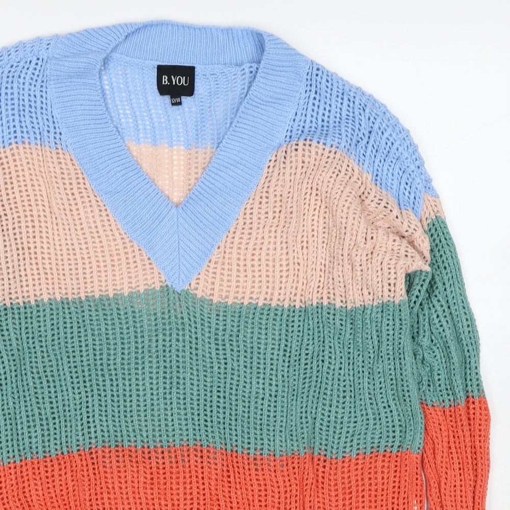 B.YOU Womens Multicoloured V-Neck Striped Acrylic Pullover Jumper Size 12 - Size 12-14