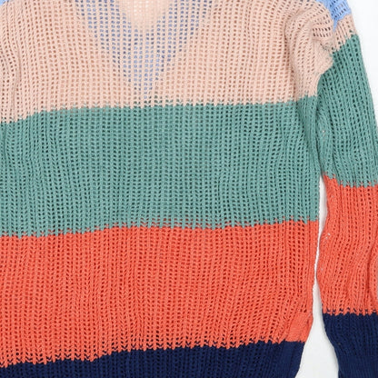 B.YOU Womens Multicoloured V-Neck Striped Acrylic Pullover Jumper Size 12 - Size 12-14
