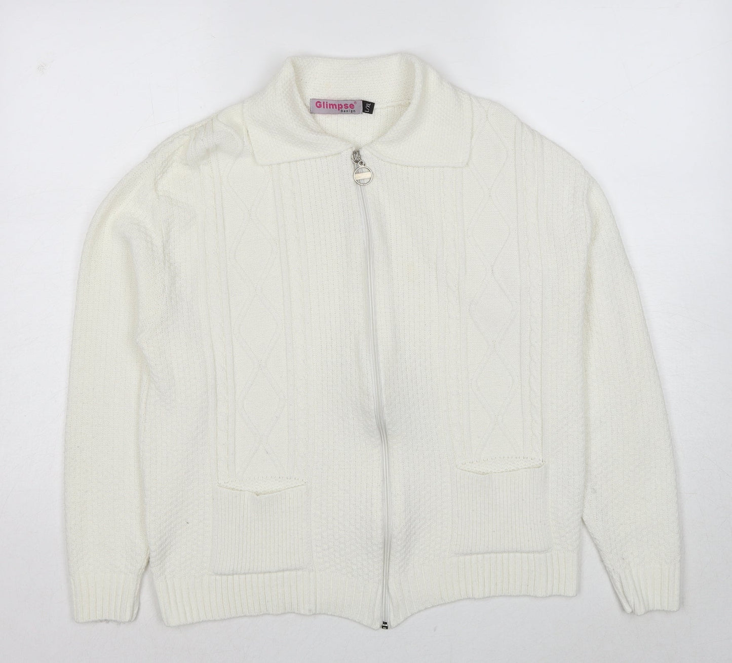 Glimpse Womens White Collared Polyester Full Zip Jumper Size L