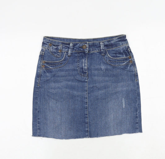 Marks and Spencer Womens Blue Cotton A-Line Skirt Size 6 Zip