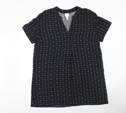 H&M Womens Black Geometric Viscose A-Line Size 8 V-Neck Pullover