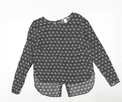 H&M Womens Black Geometric Viscose Basic Blouse Size 8 Round Neck