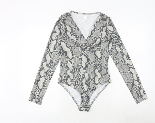 H&M Womens Grey Animal Print Polyester Bodysuit One-Piece Size S Snap - Snake Print