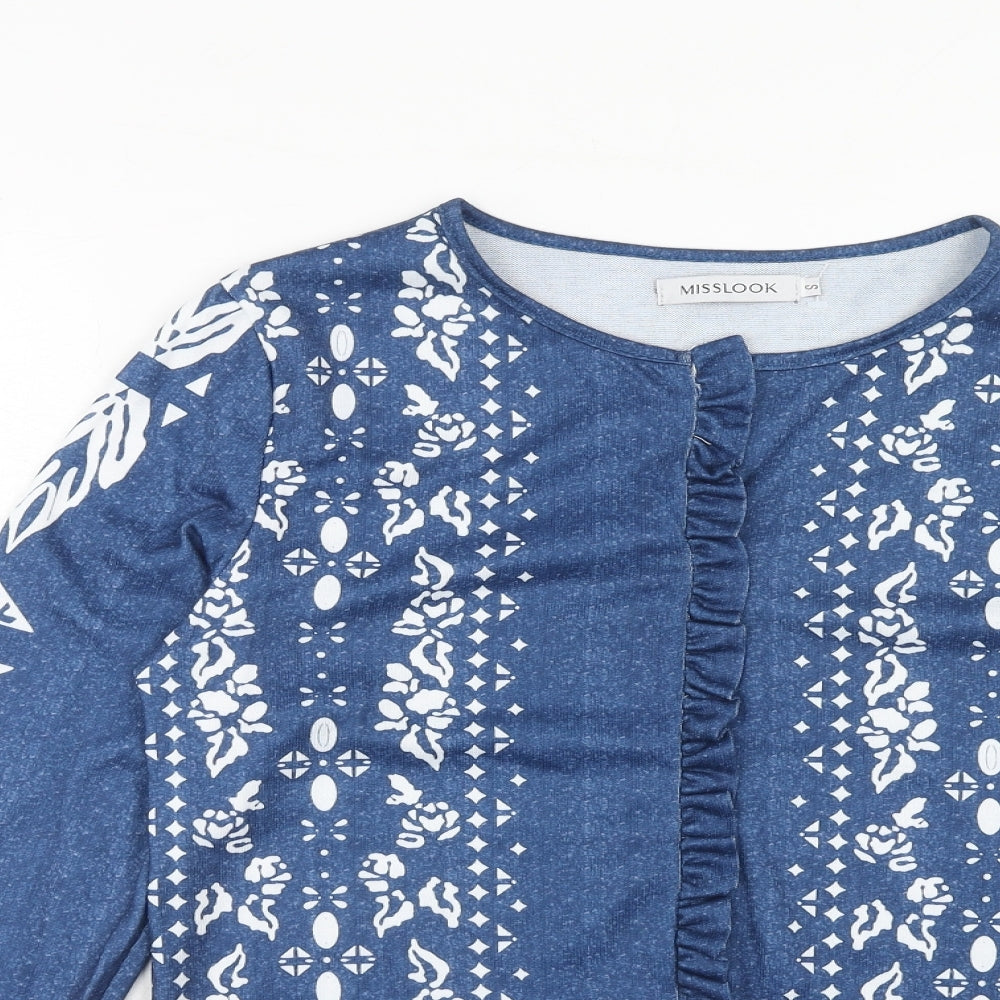 MissLook Womens Blue Geometric Polyester Basic Blouse Size S Boat Neck