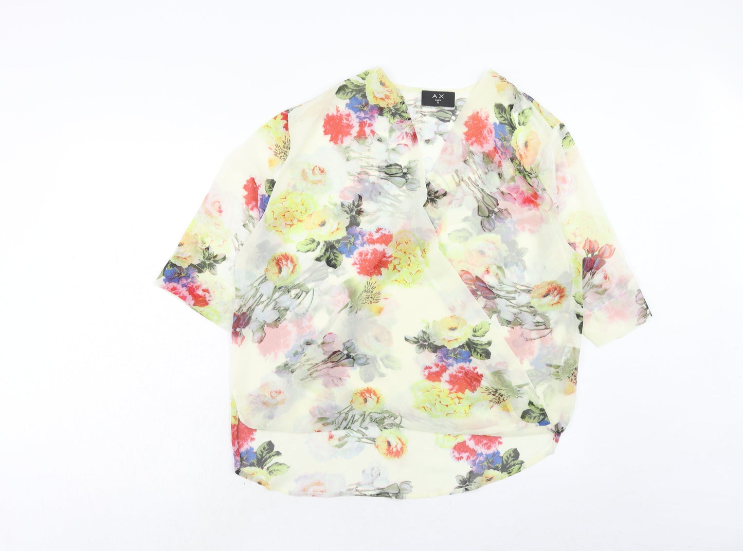 AX Paris Womens Yellow Floral Polyester Wrap Blouse Size 12 V-Neck