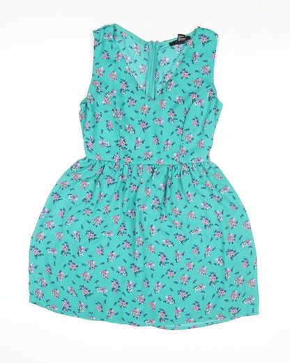 FOREVER 21 Womens Green Floral Polyester Fit & Flare Size S V-Neck Zip
