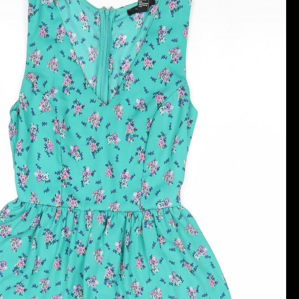 FOREVER 21 Womens Green Floral Polyester Fit & Flare Size S V-Neck Zip