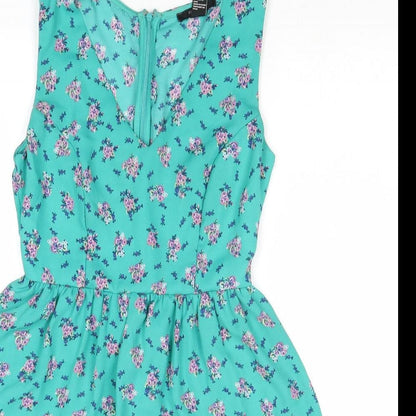 FOREVER 21 Womens Green Floral Polyester Fit & Flare Size S V-Neck Zip