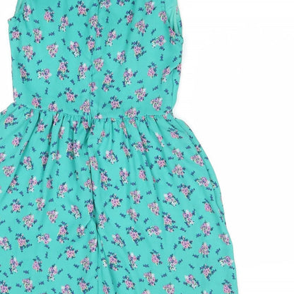 FOREVER 21 Womens Green Floral Polyester Fit & Flare Size S V-Neck Zip