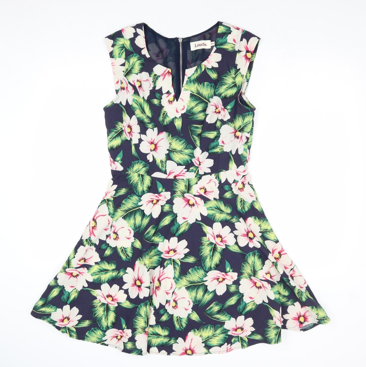 Louche Womens Multicoloured Floral Polyester Fit & Flare Size 12 V-Neck Zip